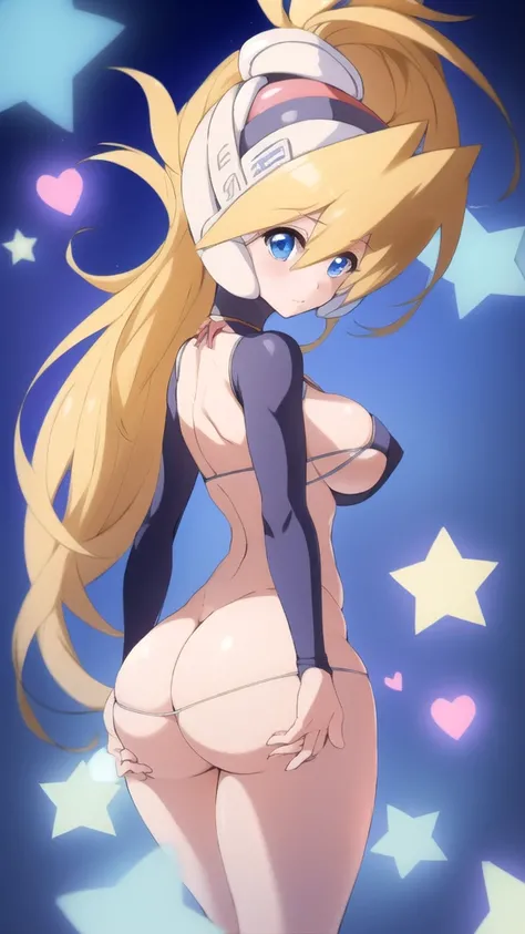 ciel_megamanz, 1girl, solo, long hair, blue eyes, blonde hair, ponytail, headgear, looking away, star (sky), micro bikini , large breasts, large ass