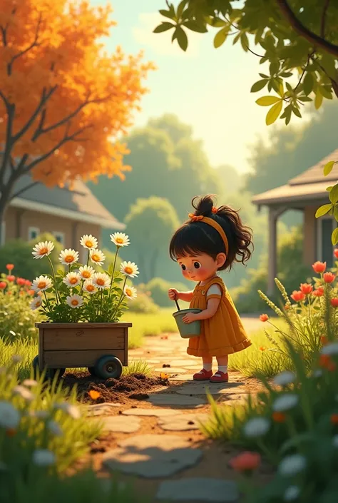 child planted seeds in its cart yard , and soon, blooms burst forth. Summer sunshine warmed her skin, and Emma laughed with children playing in the sprinklers. As autumn returned, Emma savored the cozy atmosphere, knowing each season brought its own beauty...