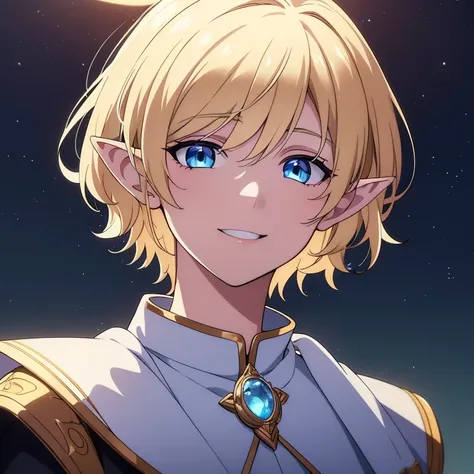 Masterpiece, best quality, 1boy, Solo, colorfull (finely detailed beautiful eyes and detailed face), Cinematic lighting, has Pastel Blue eyes, has Elf ears, has Blonde short hair, bust shot, extremely detailed CG unity, 8k wallpaper, Night, Moon in the bac...