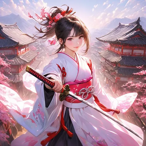 With rich vivid lush colors Beautifully drawn, high quality, ultra-detailedv Date Masamune as a young samurai, sword in hand, causing chaos, realistic depiction of a traditional Japanese setting"