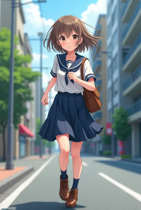 (( side view)) , Full body , running,  Japanese  JK Girl , (16 year-old),(Detailed face, Beautiful brown Eyes, Light brown straight middle hair, fringe, small lips little smile), (C cup  breasts, Slender Hoist, middle Hip) ,(High school uniform, cute Sailo...