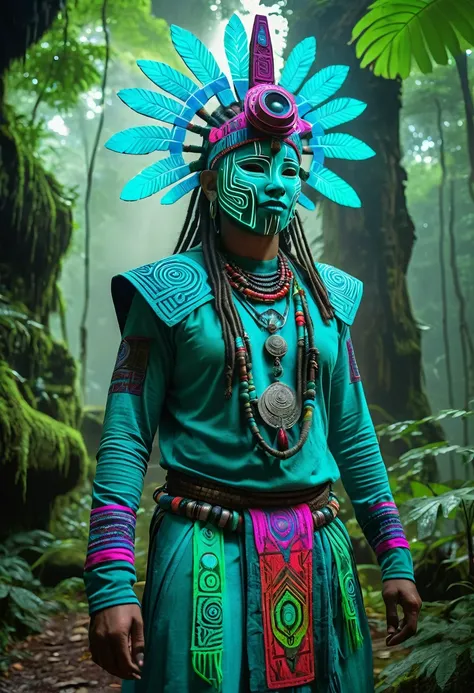 A high-resolution brightly lit photorealistic photograph of a cyberpunk tech wear shaman wearing shamanic ornaments and face mask tribals with tribal clothings and colourfull masks in uv green and blue with criptic signs glowing on the fabric standing by a...