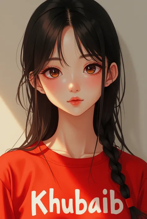 A beautiful japanese girl in a red shirt written on his shirt name "Khubaib"