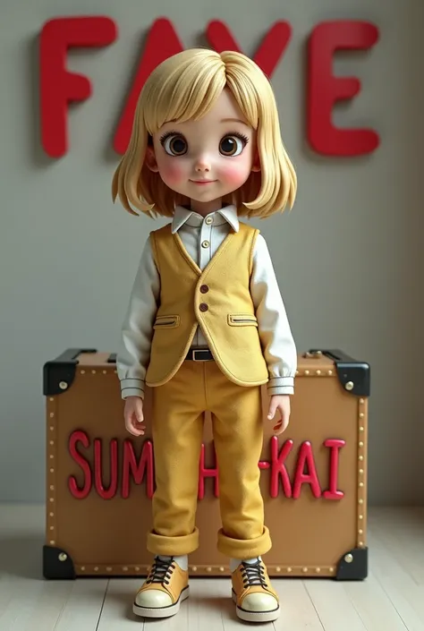 Create realistic 3rd image of 6 years old blonde  girl  wearing mafia style  and eye glasses and wearing  mafia outfit gold and white combination on it.name in  suitcase "SUMIYOSHI-KAI"3rd letter curve style on it. be careful to the spelling of each letter...