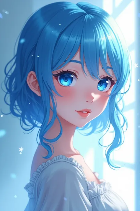 Anime girl, sky blue hair, shining blue eyes age 15