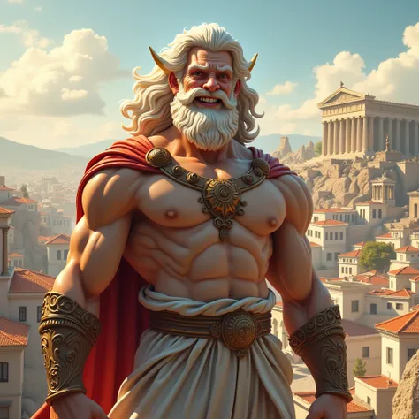 the god zeus, with a naughty smile, and with a Greek-style city in the background.  