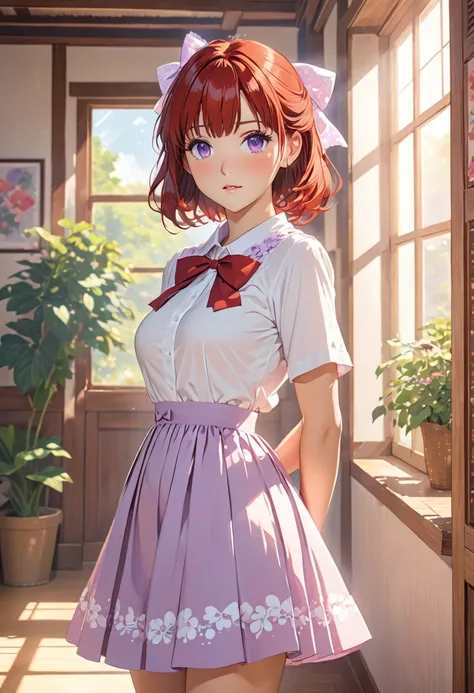 an anime style woman in a dress standing in sunlight looking to the right, 1girl, looking at viewer, solo, bow, indoors, hair bow, shirt, bangs, red hair, short sleeves, blush, purple eyes, breasts, skirt
