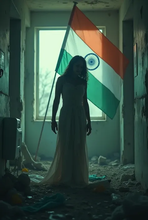 alone raped and bruised woman with tiranga in a demolished hospital on 🇮🇳 independence day