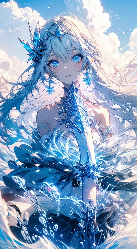 a girl with white long hair, beautiful sky blue eyes, wearing an ice jewellery, wearing a beautiful sky blue and white dress