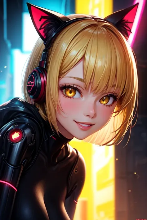 ((best quality)), ((masterpiece)), ((detailed)), 1girl, Beautiful anime woman, blond hair, bob haircut, intimate yellow eyes, dark dress with red details, Black headphones with red details, Dark robotic cat ears with red details, face down, smiling subtly,...