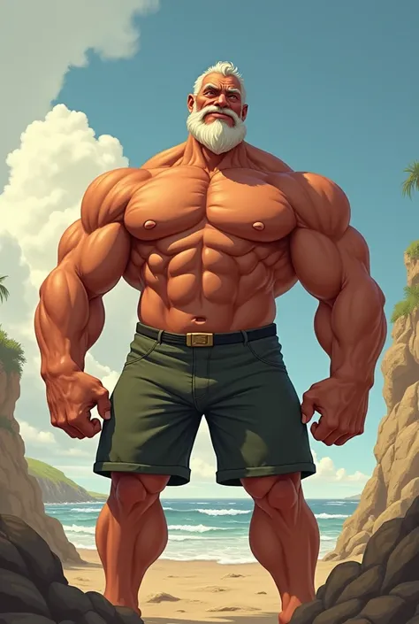 disney art style, semirealistic, huge muscular old man wearing shorts, shirtless, topless, massive muscle, muscle, pectoral, thick arms