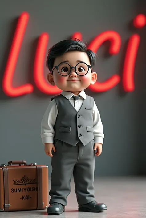 Create realistic 3rd image of 6 years old chubby boy wearing mafia style  and eye glasses and wearing  mafia outfit grey and white combination on it.name in  suitcase"SUMIYOSHI-KAI"3rd letter curve style on it. be careful to the spelling of each letter on ...