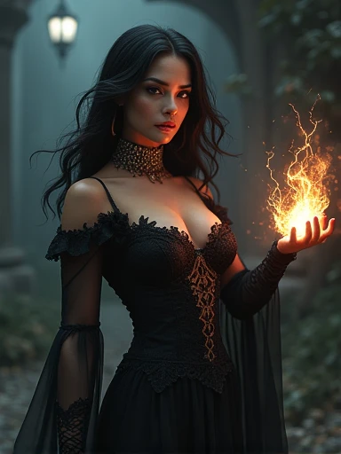 (A gorgeous 23-year-old Italian woman,cleavage,curvy body,ancient dark magic priestess,gothic,horror movie,spooky scene,hyperrealistic,photorealistic,best quality,8k,ultra-detailed,vivid colors,dramatic lighting,chiaroscuro,moody,cinematic)ethereal. ((Glow...