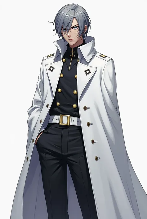 Slightly dark skinned male with shoulders length dark silver hair, and grey eyes, wears a white, double-breasted trench coat underneath a long white cape. The coat is fastened by three buttons emblazoned with the Quincy Zeichen on either side and a white b...