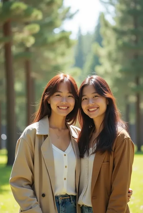 Asian couple in the park，Happy expression，Behind is a pine forest，sunny，front，Fujifilm lenses