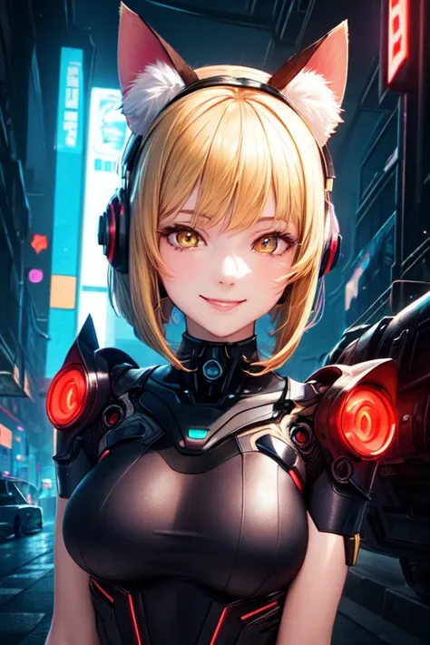 ((best quality)), ((masterpiece)), ((detailed)), 1girl, Beautiful anime woman, blond hair, bob haircut, mature yellow eyes, dark dress with red details, Black headphones with red details, Dark robotic cat ears with red details, face down, smiling subtly, n...