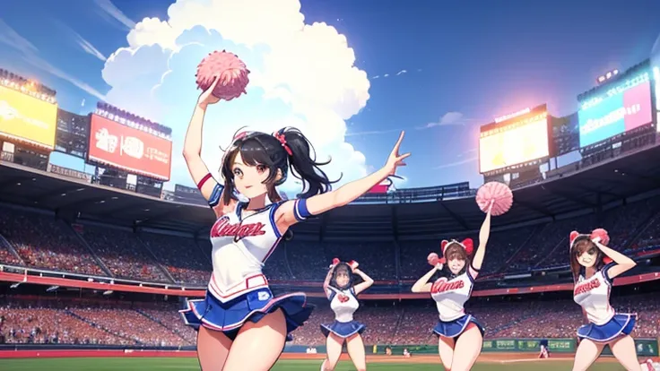 During a baseball game、Please draw an illustration of a woman in a cheerleading costume cheering.。Women holding pom-poms、They dance energetically and excite the audience.。In the background is a baseball stadium and the cheers of the crowd.。