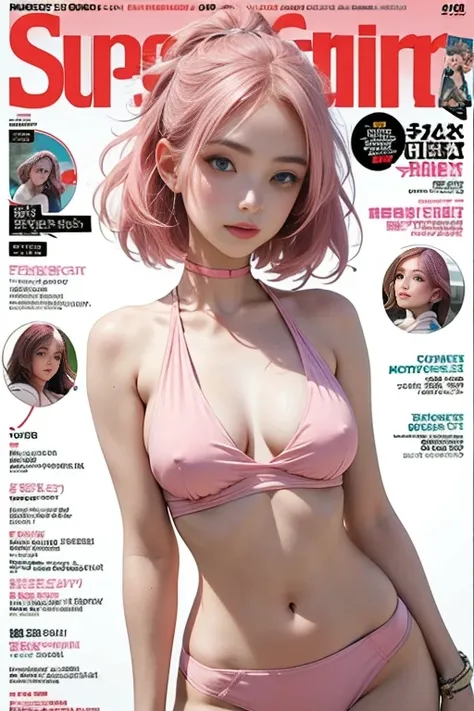 Best quality, Works of masters, A high resolution, 1girl, Super beautiful face, super beautiful eye, Super beautiful pink hair，(MagazineCover:1.2)，Trendy outfits，Expose shoulders,(Beautiful nipples),(A beautiful girl),(A beautiful girl with a slim figure),