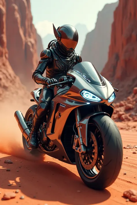 a highly detailed cyberpunk alien riding a futuristic superbike through a surreal martian landscape with red cliffs, dramatic lighting, cinematic composition, intricate mechanical details, glowing neon accents, metallic textures, dramatic shadows, photorea...