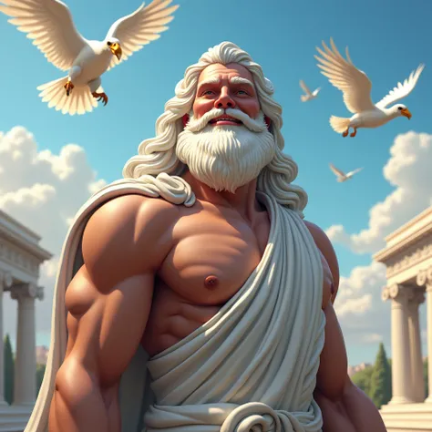 the god zeus, with a smile, and with a Greek-style city in the background. flying animals.   
