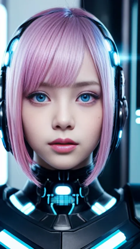 Black and light blue、銀とPink Hair、Realistic, High resolution, Heterochromia eyes, small moles under eyes、Bobcut、Blunt bangs、Lucy(cyber punk), one person&#39;s, Hair Scrunchie, Hime cut, Silver Hair, Color chip, full moon, grey  eyes, White shirt, Black tie、...