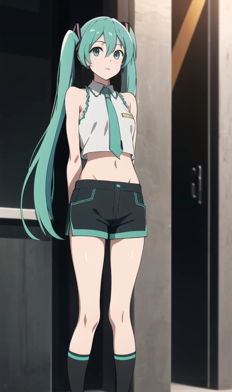 masterpiece, best quality, hatsune miku, looking at viewer, arms behind back, blue knee socks, small crop top, shorts, can see underwear