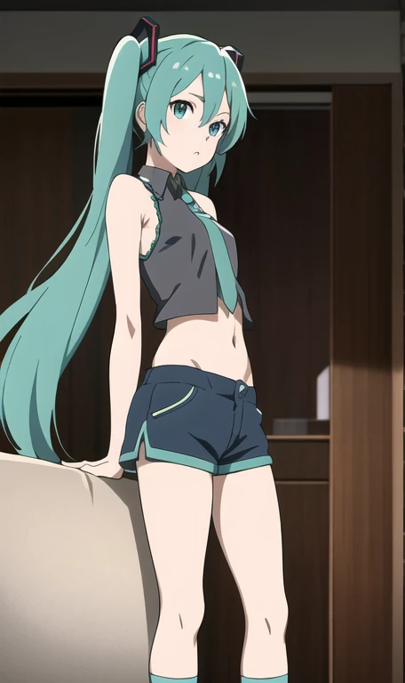 masterpiece, best quality, hatsune miku, looking at viewer, arms behind back, blue knee socks, small crop top, shorts, can see underwear