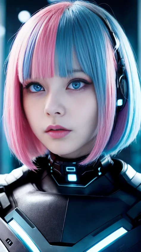 Black and light blue、銀とPink Hair、Realistic, High resolution, Heterochromia eyes, small moles under eyes、Bobcut、Blunt bangs、Lucy(cyber punk), one person&#39;s, Hair Scrunchie, Hime cut, Silver Hair, Color chip, full moon, grey  eyes, White shirt, Black tie、...