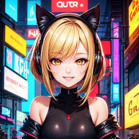 ((best quality)), ((masterpiece)), ((detailed)), 1girl, Beautiful anime woman, blond hair, bob haircut, mature yellow eyes, dark dress with red details, black cyberpunk headphones with red accents and cat ears, face down, smiling subtly, neon lights, futur...