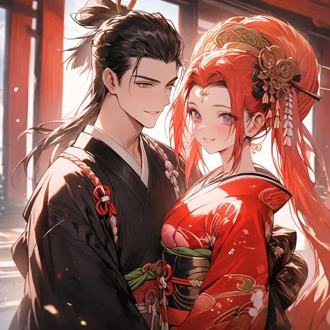 Very 8k,HD,Masterpieces With very  rich brilliant vivid lush colors Beautifully drawn, high quality, ultra-detailedv Date Masamune as a young Oiran 1700S Japan with young very Handsome very Japanese male Ninja Samurai , her siderealistic depiction of a cla...