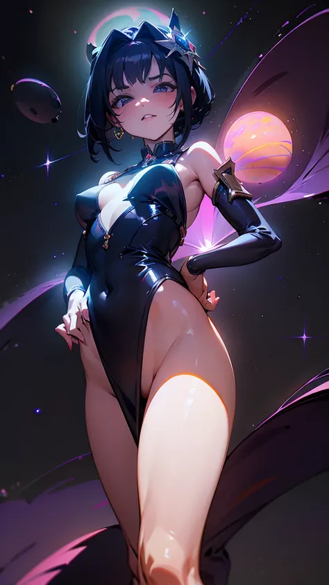 Galactic Giantess Seductress ((mysterious and commanding)), every step echoing with her presence, a blend of elegance and immense power, (masterpiece, cinematic detail), eyes glinting with hidden depths, lips curved into a subtle smile, (1 giantess, solo, ...