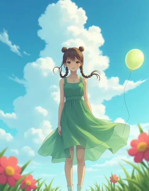 1girl, solo, dress, braid, balloon, socks, double bun, brown hair, hair bun, cloud, see-through, shoes, standing, full body, outdoors, sky, day, long hair, looking at viewer, white socks, flower, arms at sides, blurry, green dress, lips, single braid, blue...