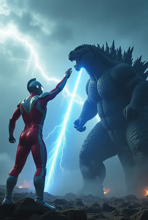 a detailed Ultraman with powerful hand-raised laser beam, Godzilla facing Ultraman with laser beam, dramatic blue laser beams, cinematic tilt-shift photography effect