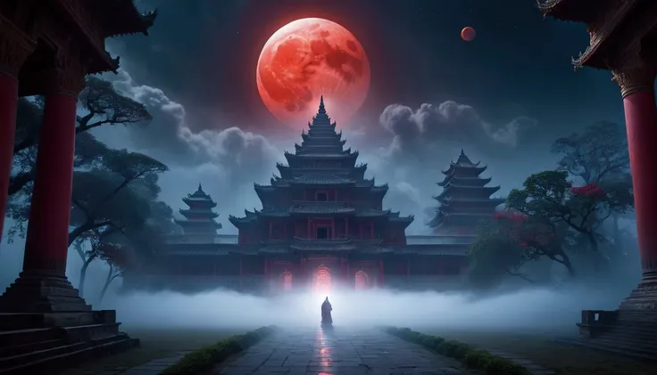 Mysterious Fog, light particles, old palace, deity,  red moon, 