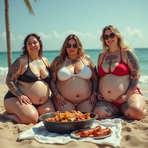 Three plus size model women are obese and overweight with a lot of belly fat, they have gained weight by eating too much, they are obese plus size models with very big bellies, their bellies are big and bulging and covered with a lot of fat, they have sagg...