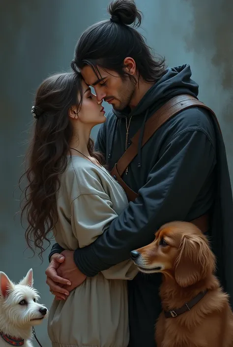 Create a romantic lesbian scene, with a dark-haired warrior with a high bun, saving a princess in a sweatshirt with long, curly hair, with your dogs, one is big brown with a white stripe on his face and the other is small, a German Spitz, white and furry