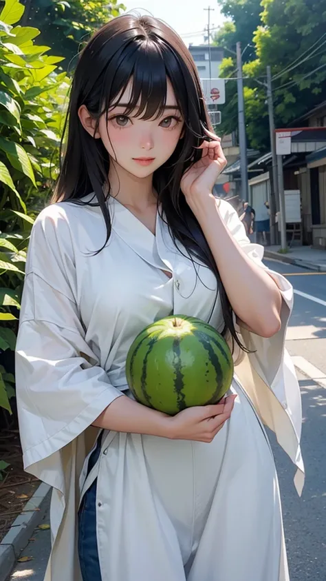 One person, High detail, Long Hair, Taking a big bite out of a Yubari melon、Sweat、Sunlight is strong、summer