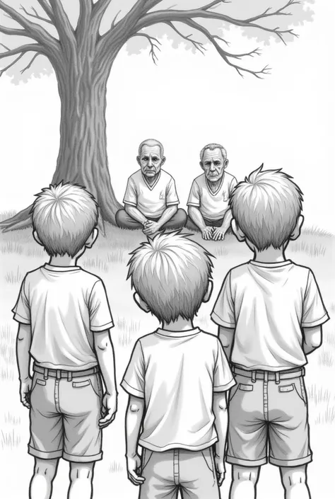 Imagine 3 kids ( 2 male and 1 female) looking at 3 uncles sitting under a tree from far. Shot type: over the shoulder. Angle: close up. Style: pencil sketch 