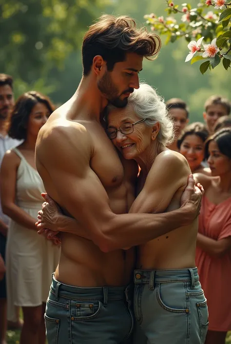 A handsome young man with a six-pack abs, stripped naked and hugged his grandmother in the garden amidst the crowd.