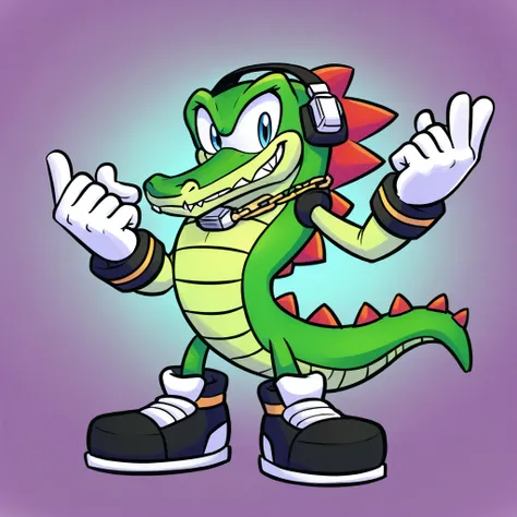 custom avatar,  vector the alligator character, wearing black shorts, in the cyberspace￼, cgi backround, surrounded by junk,