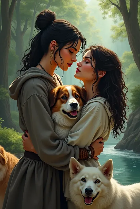 Create a romantic scene of two lesbian women, with a dark-haired warrior with a high bun, saving a princess in a sweatshirt with long, curly hair, with your dogs, one is a large brown with white stripes on her face and the other is very small, white and fu...