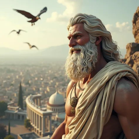 the god zeus, with a smile, and with a Greek-style city in the background. flying animals. Panoramic room. aged image.   
