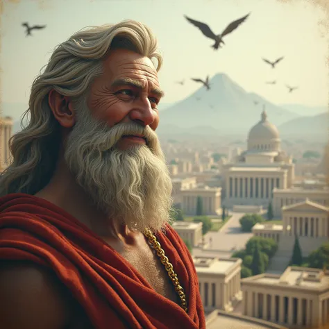 the god zeus, with a smile, and with a Greek-style city in the background. flying animals. Panoramic room. aged image.   
