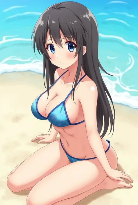 Anime Girl,cute,Ultra-high resolution, (1 person, 1 person), (Very detailed, Expressive shine, Sparkling, Shining Eyes), Random Hair, (Black), Swimsuit, bikini swimsuit, girl sitting,big breasts, beach, sandy beach,Emphasis on the boobs,