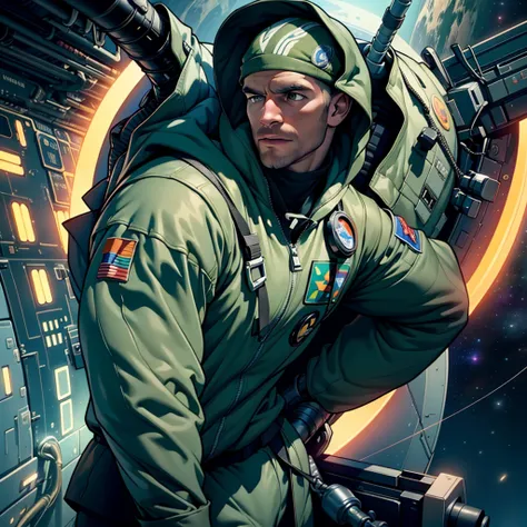 32k,masterpiece, best quality, detailed face, natural eyes,1man, solo mature man, muscled and mature, stephen amell as an astronaut wearing future space suit, dark green suit, showing muscles and bulge ,floating in the space inside a space shuttle , with "...