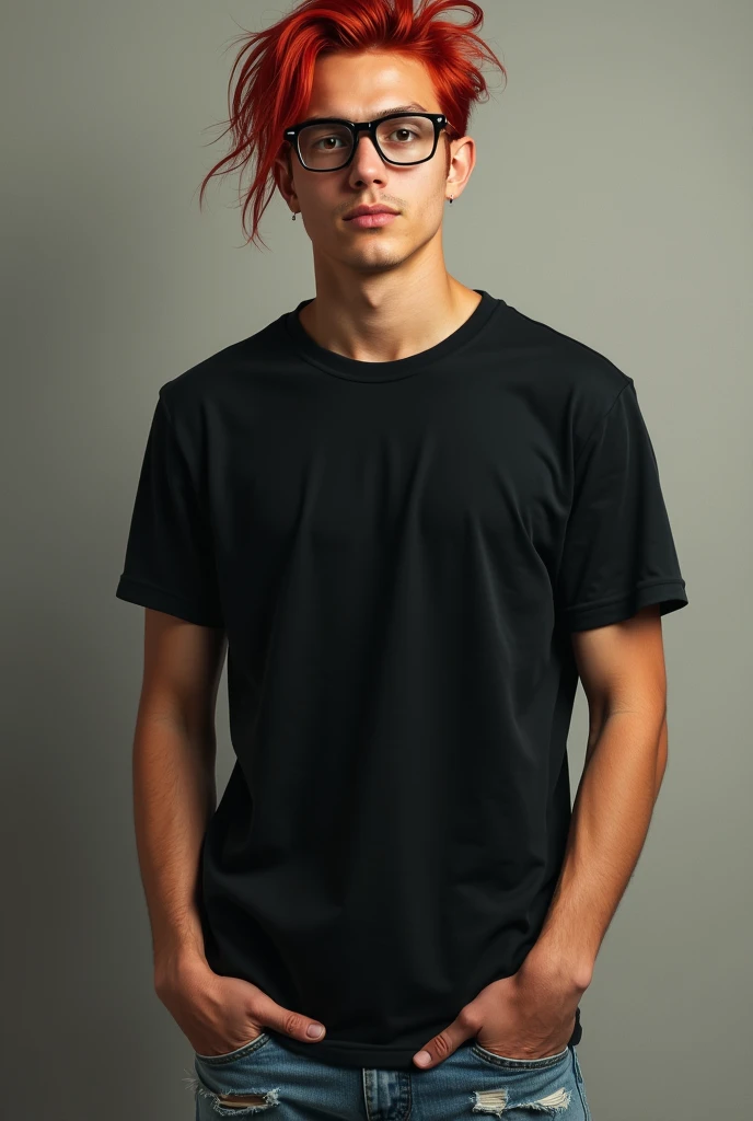 1 guy. Red hair tied in a small ponytail. black eyes. black T-shirt. Black retro glasses. ripped jeans. 