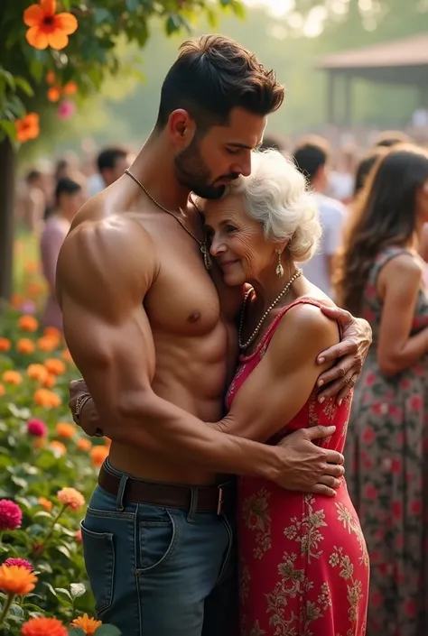 A handsome young man with a six-pack abs, stripped naked and hugged his grandmother in the garden amidst the crowd.