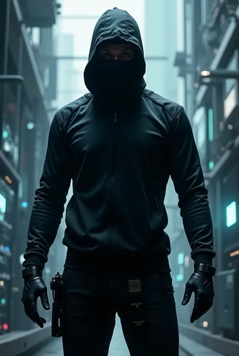 strong hacker man in balaclava