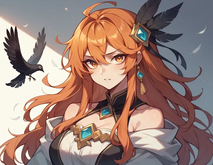 、Orange Hair、long hair、Black feather accessory（head）、Healing Magic、Wizard