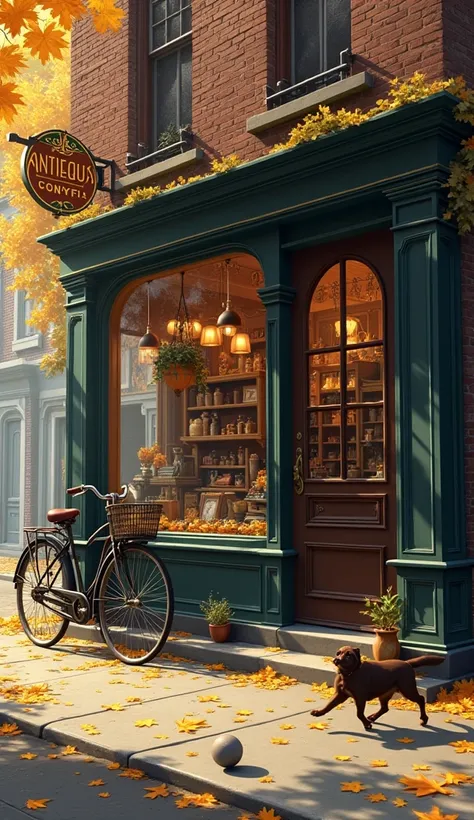 Imagine youre looking at a vintage store, with a storefront full of antiques and curiosities. The art deco sign adds a touch of elegance to the ambiance. In front of the store, an antique bicycle rests against a brick wall, evoking memories of past adventu...